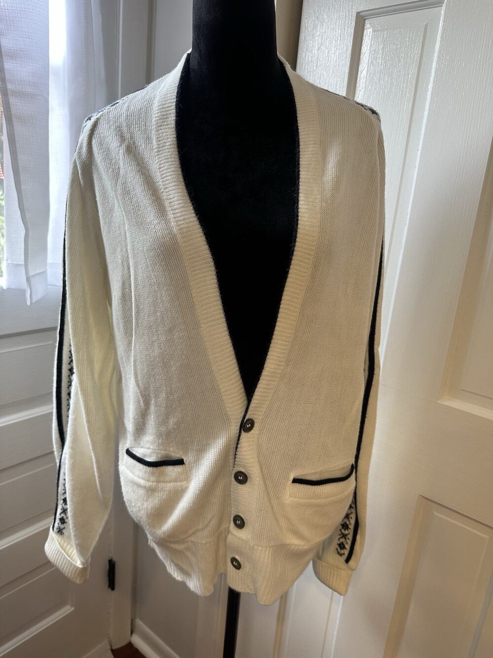 VTG Cardigan Sweater Campus Luxury Line Pure Orlon White/Navy Nordic Mens Large